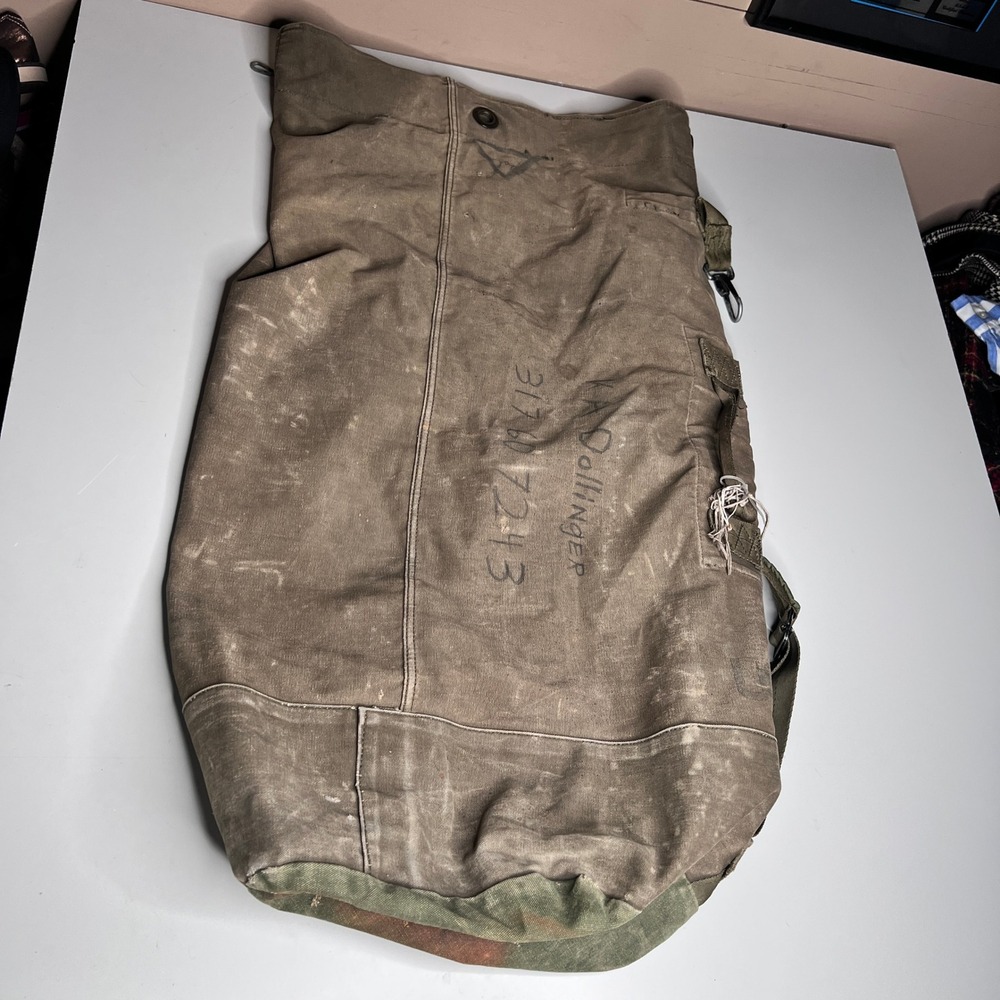 Vintage Military Canvas‎ Duffle Bag Backpack Olive Drab Sea Bag Dollinger ID